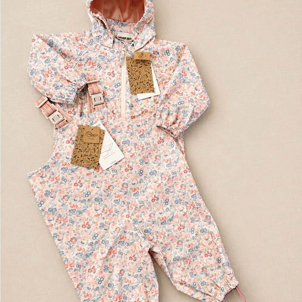 Wheat Kids Floral Raincoat & Bib Overalls Set